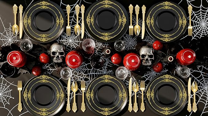 Nervure 100PCS Black and Gold Plastic Plates - 10.25Inch Black Disposable Plates - Black Plastic Dinner Plates for Wedding & Party & Halloween