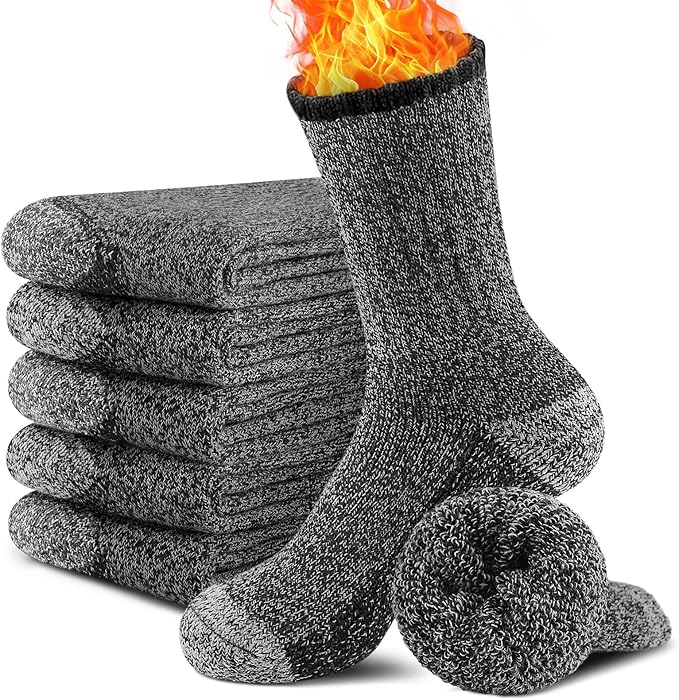 UUMIAER Merino Wool Socks for Men Hiking Thermal Warm Winter Crew Socks Thick Cushion Moisture Wicking Socks 5 Pairs