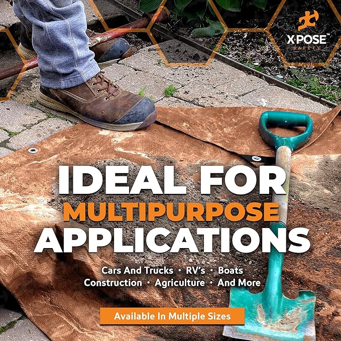 Multipurpose Protective Cover Brown Poly Tarp 12' x 25' - Durable, Water Resistant, Weather Resistant - 5 Mil Thick Polyethylene - by Xpose Safety