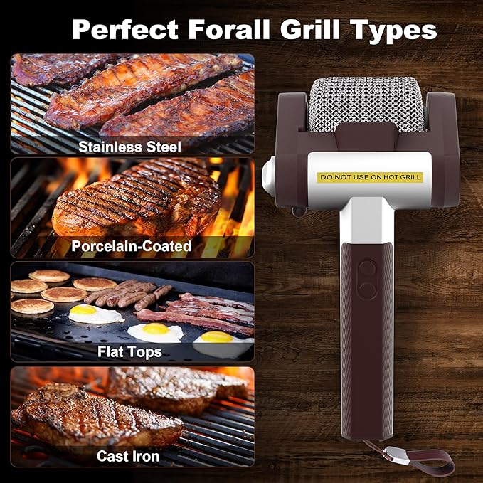 Electric Grill Cleaner Bristle Free – Cordless, Rechargeable BBQ Grill Brush with 350 RPM Stainless Roller, LED Light, Dishwasher-Safe for Gas/Charcoal Grills