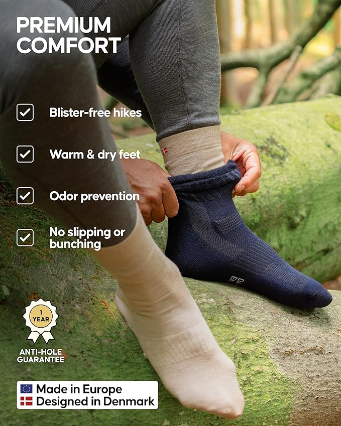 DANISH ENDURANCE Merino Wool Liner Hiking & Walking Socks, Blister Socks, Thermal, Breathable, for Men and Women - 2-Pack