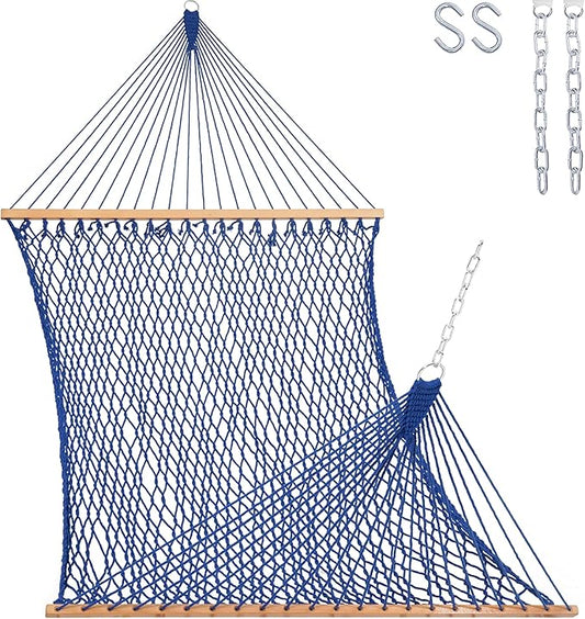 Lazy Daze Hammocks 12FT Double Rope Hammocks, 2 Person Hand Woven Cotton Hammock with Spreader Bar for Outdoor, Indoor, Patio, Poolside, FIT 13-15 Foot Stand, Max 450 Lbs, Blue, 141 x 57 inches