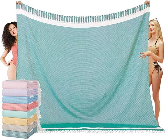 Oversized Turkish Beach Towel Blanket XXL Cotton Sandproof Towels Boho Woven Extra Large Big Sand Free Giant Throw Blankets Huge Quilt XL Picnic Camping Necessities Cloud For Adult Gifts Teal