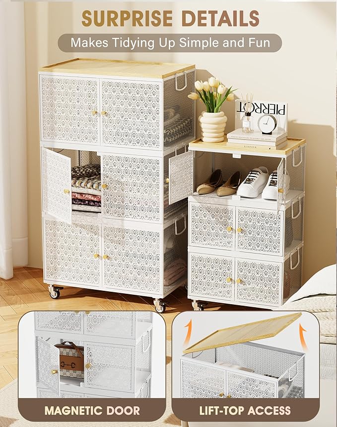 3 Tier Metal Storage Bins and Boxes Organizer, Magnetic Doors & 360°Swivel Lockable Wheels, Easy,labor-Saving, Ocean Life Cutout Pattern, Eco-Aesthetic for Living Room,Bedroom,bathroom,kitchen