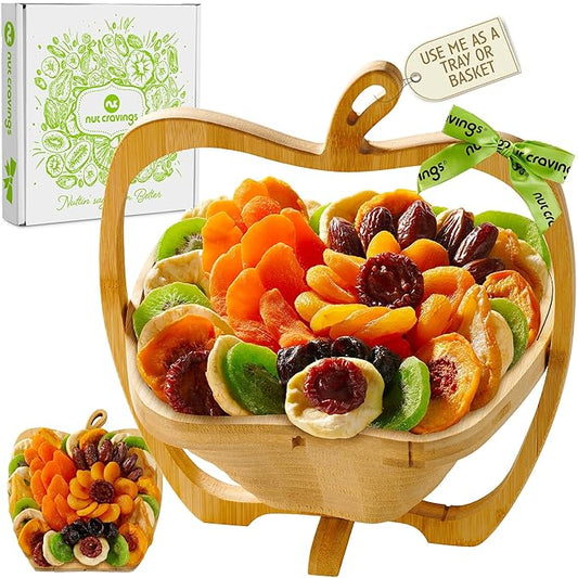 NUT CRAVINGS - Diwali Sweets Hamper Rosh Hashana & Shana Tova Dried Fruit Flower Arrangement in Wooden Apple-Shaped Gift Basket + Tray (9 Assortment) Healthy Snack Care Package, Food Assortments