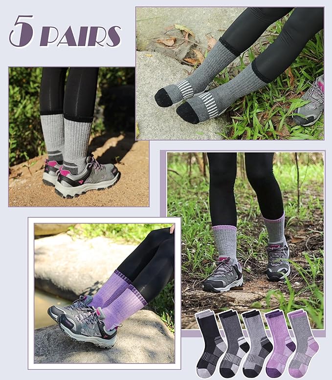 DYW Womens Merino Wool Hiking Socks Thermal Warm Winter Boot Crew Socks Cushion Work Walking Gift Socks 5 Pairs