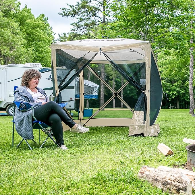 CLAM Traveler Pop-Up Screen Tent – 6x6 ft Portable Camping Gazebo Canopy, Tan – Instant Setup, Bug & Weather Protection, Lightweight Shelter for 4 People – Outdoor Events, Picnics, and Hiking