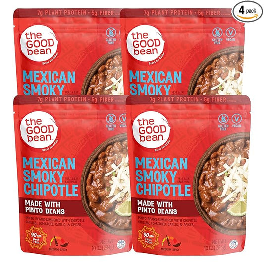 The Good Bean Heat and Eat Pouch - Mexican Smoky Chipotle - (4 Pack) 10 oz Pouch - Simmered Pinto Beans with Chipotle Chilies - Pre-Cooked Beans with Good Source of Plant Protein and Fiber