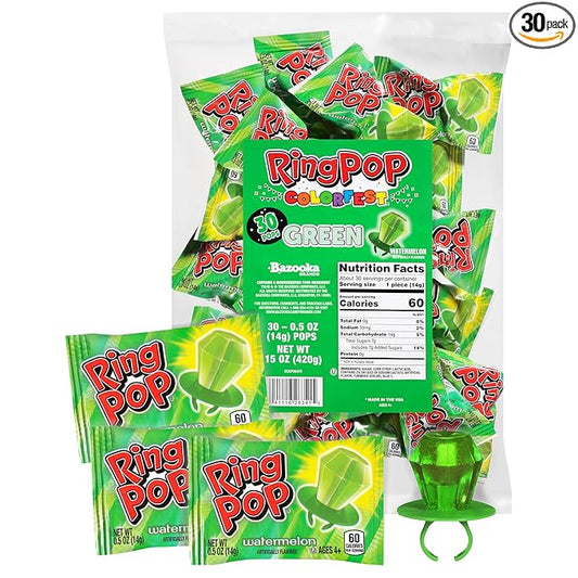 Ring Pop Green Halloween Candy Lollipops, 30Ct Bulk Candy Individually Wrapped in Green Watermelon Flavor, Full Size, Fun Hard Candy For Trick or Treat, Halloween Bowls, Gifts, Party Favors for Kids