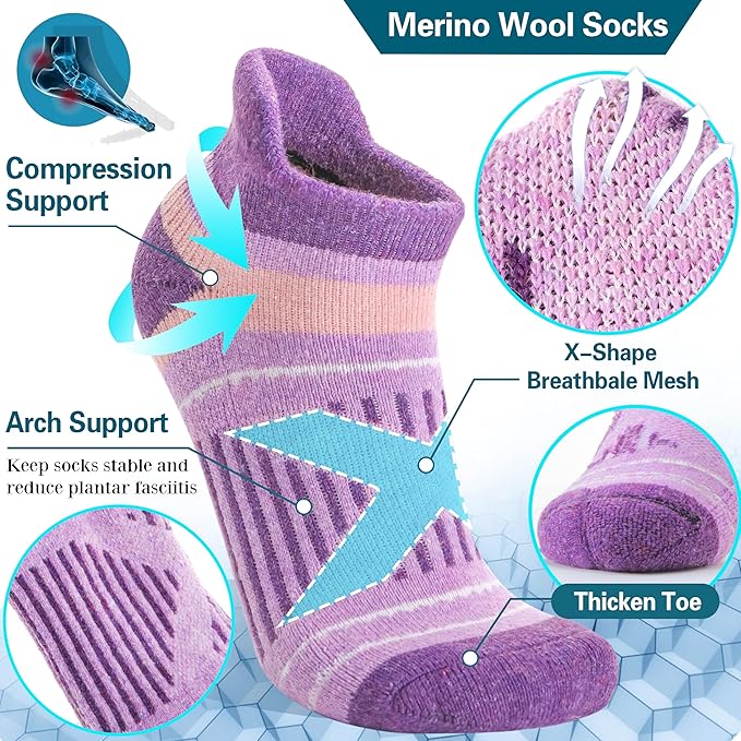 EBMORE 6 Pairs Merino Wool Ankle Hiking Running Socks Compression Support Thick Cushion No Show Socks for Men Women