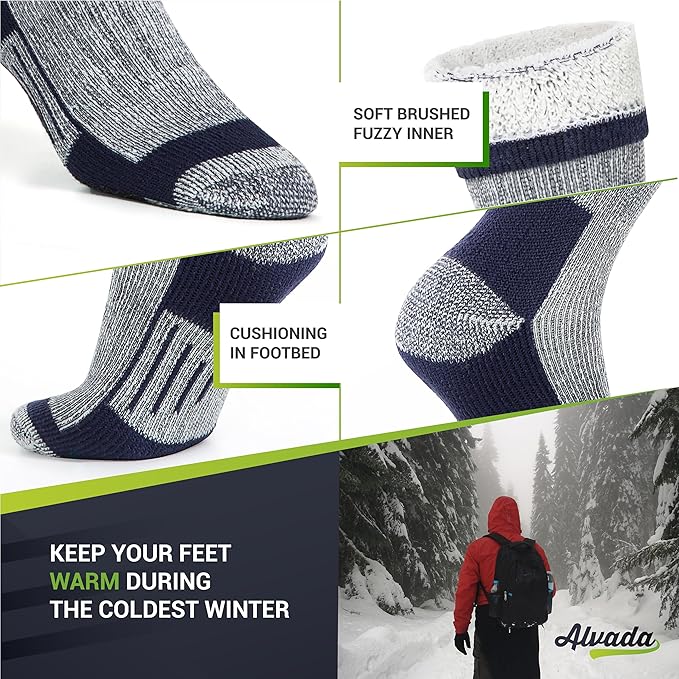 Alvada Merino Wool Hiking Socks Thermal Warm Crew Winter Boot Sock For Men & Women 3 Pairs