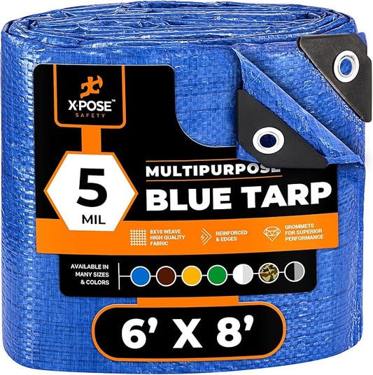 Better Blue Poly Tarp 6' x 8' - Multipurpose Protective Cover - Lightweight, Durable, Waterproof, Weather Proof - 5 Mil Thick Polyethylene - by Xpose Safety