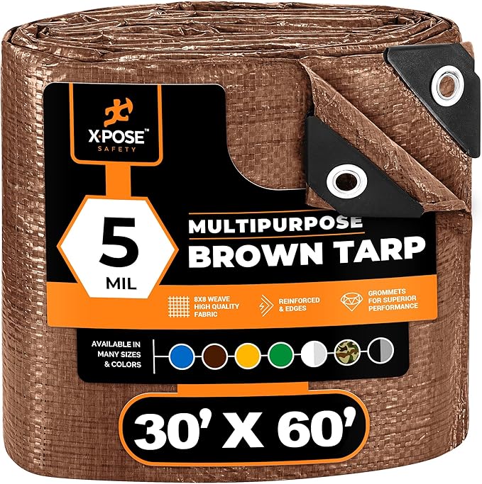Multipurpose Protective Cover Brown Poly Tarp 30' x 60' - Durable, Water Resistant, Weather Resistant - 5 Mil Thick Polyethylene - by Xpose Safety