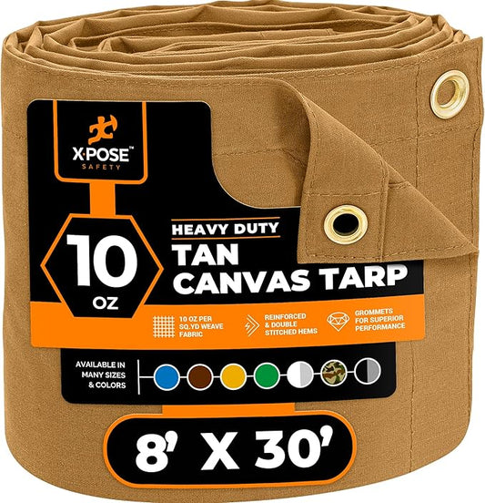 Xpose Safety Canvas Tarp - 10oz Tan Canvas Tarps Heavy Duty Water Resistant with Brass Grommets- Multipurpose Outdoor Tarpaulin for Camping, Canopy, Trailer, Equipment Cover 8' x 30'