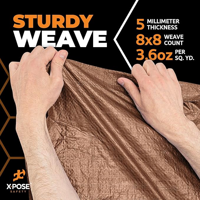 Multipurpose Protective Cover Brown Poly Tarp 8' x 15' - Durable, Water Resistant, Weather Resistant - 5 Mil Thick Polyethylene - by Xpose Safety