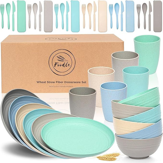 FOODLE Wheat Straw Dinnerware Set - BPA Free & Safety Certified - Microwave & Dishwasher Safe - Perfect for Kids, College Dorm, Picnic, Camper, RV Dishes - Camping Plates Cups and Bowls Set - For 6