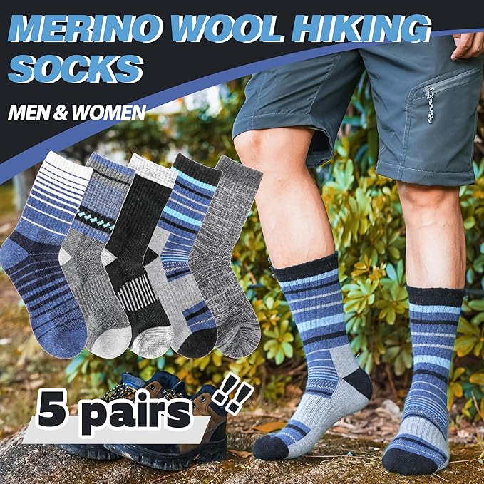 5 Pairs Merino Wool Hiking Socks Thermal Winter Warm Moisture Wicking Cushion Outdoor Socks for Women & Men
