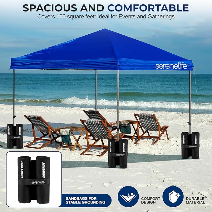 SereneLife 10x10 ft. Outdoor Pop Up Canopy, Instant Shelter, Waterproof Tent with Wheeled Carry Bag and Sand Bags, Foldable and Portable, UV and Weatherproof, Ideal for Outdoor Events (Navy Blue)