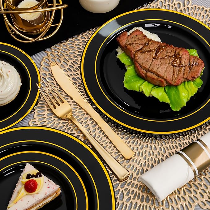 350 Pieces Black and Gold Plastic Plates with Disposable Silverware, Include 50 Dinner Plates 9”, 50 Dessert Plates 6.3”, 50 Black Cups 9 OZ, 50 Pre Rolled Napkins for Halloween new year