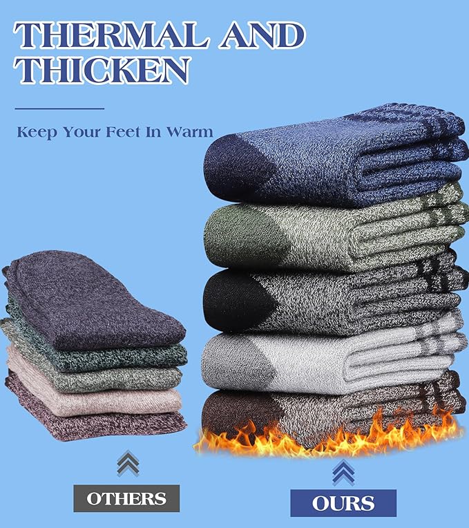 Yeblues 5 Pairs Wool Socks Mens, Winter Thick Merino Warm Hiking Socks,Soft Casual Thermal Crew Socks