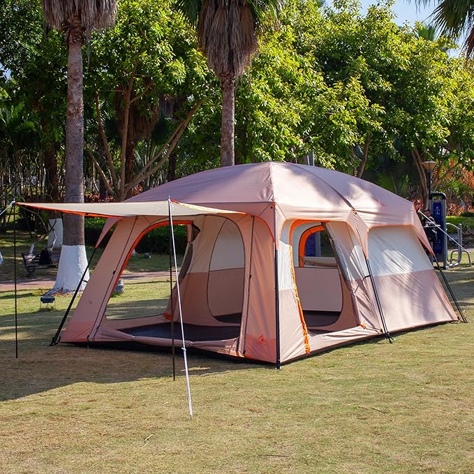KTT Extra Large Tent 6-10-12-14 Person(A),Family Cabin Tents,2 Rooms,3 Doors and 3 Windows with Mesh,Straight Wall,Waterproof,Double Layer,Big Tent for Outdoor,Picnic,Camping,Family Gathering