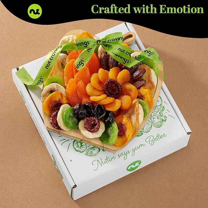 NUT CRAVINGS - Diwali Sweets Hamper Rosh Hashana & Shana Tova Dried Fruit Flower Arrangement in Wooden Apple-Shaped Gift Basket + Tray (9 Assortment) Healthy Snack Care Package, Food Assortments