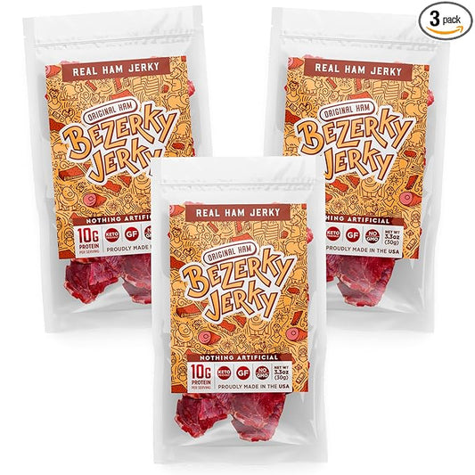 All Natural Jerky | Old Recipe Ham | Small Batch Handcrafted | Keto Food | High Protein Snacks | Made in the USA | Gluten-Free | Non-GMO | Low Carbs | Bezerky Jerky | 3.3 Oz (Pack of 3)