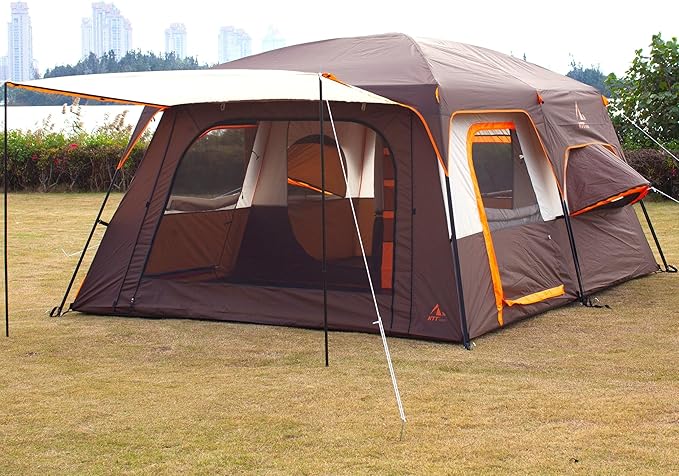 KTT Extra Large Tent 6-10-12-14 Person(A),Family Cabin Tents,2 Rooms,3 Doors and 3 Windows with Mesh,Straight Wall,Waterproof,Double Layer,Big Tent for Outdoor,Picnic,Camping,Family Gathering