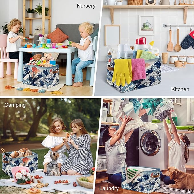 Funny Cat Riding Whale Collapsible Storage Basket - Cute Cat Whale Storage Box with Handles, Foldable Organizer for Toys & Clothes - Decorative Gift Basket for Nursery, Kids Room, Home Organization