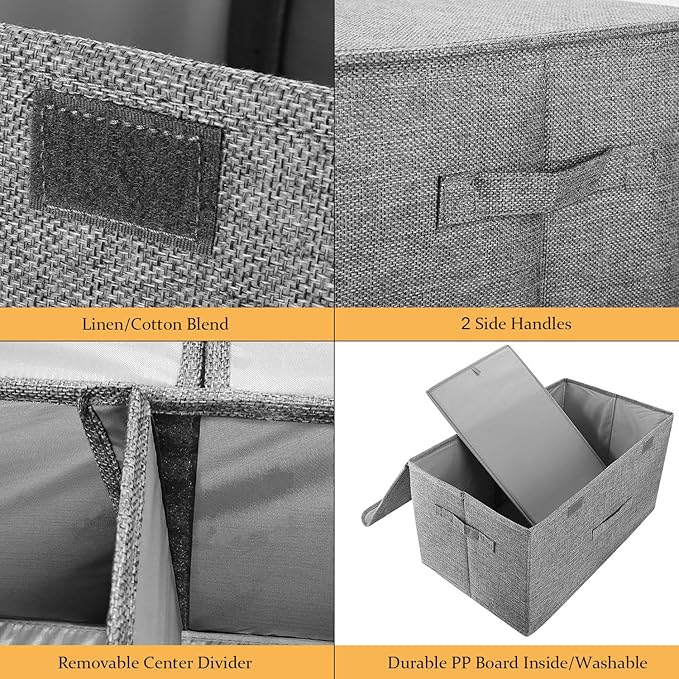 2 Pack Large Linen Fabric Collapsible Storage Bins with Lid and Handles, Washable Storage Box Baskets Cube with Removable Divider for Bedroom,Closet,Office,Living Room,Nursery (Black, Large)
