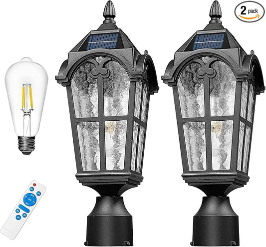 Emliviar 2 Pack Waterproof Solar Post Lamps in Black Finish for Pathway, 17.3'' Dusk to Dawn Garden Patio Post Lights Includ LED Bulbs with Water Grain Glass Shade, YXE302P-2PK SL BK
