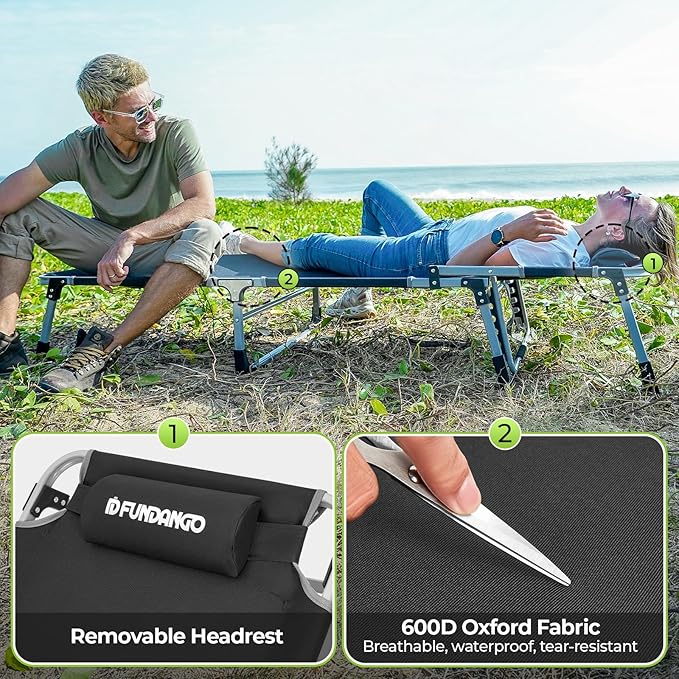 FUNDANGO Oversize Lounge Chair Outdoor, 300 lbs Large Camping Cots for Adults Heavy Duty Extra Wide Sturdy with Pillow for Outside Patio Beach Pool