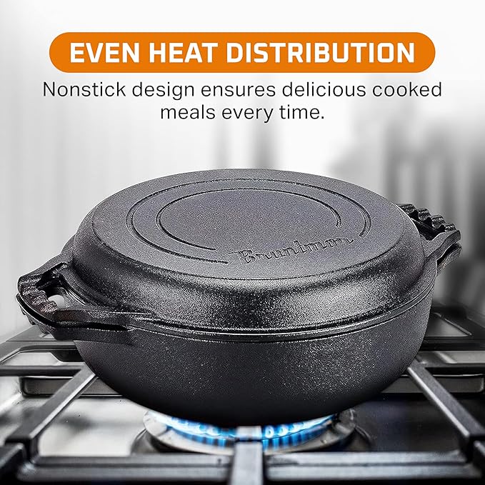 2-in-1 Enameled Cast Iron Cocotte Double Braiser Pan with Grill Lid 3.3 Quarts - Barbecue Grill Non Stick Frying Pan - Casserole Cookware Wide Handle (Grey)