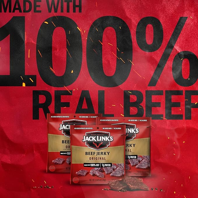 Jack Link's Beef Jerky, Original, Multipack Bags - Flavorful Meat Snacks for Lunches, Ready to Eat Protein Snacks, Individual Packs - 7g of Protein, Made with 100% Beef - 0.625 oz (Pack of 20)