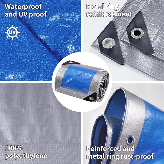 TARPAL Tarp 5x7 Feet Tarp Waterproof Small tarp 7.5mil Waterproof tarps for Outdoors,UV Protection,Rip and Tear Proof,Poly Tarpaulin(Silver/Blue)