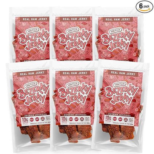 Premium Ham Jerky | Flavorful Pizza Ham | Camping Food | Backpacking Snacks | Low Fat High Protein Jerky | Gluten-Free | Non-GMO | Small Batch Handcrafted | Healthy Snacks | Bezerky Jerky | Pack of 6