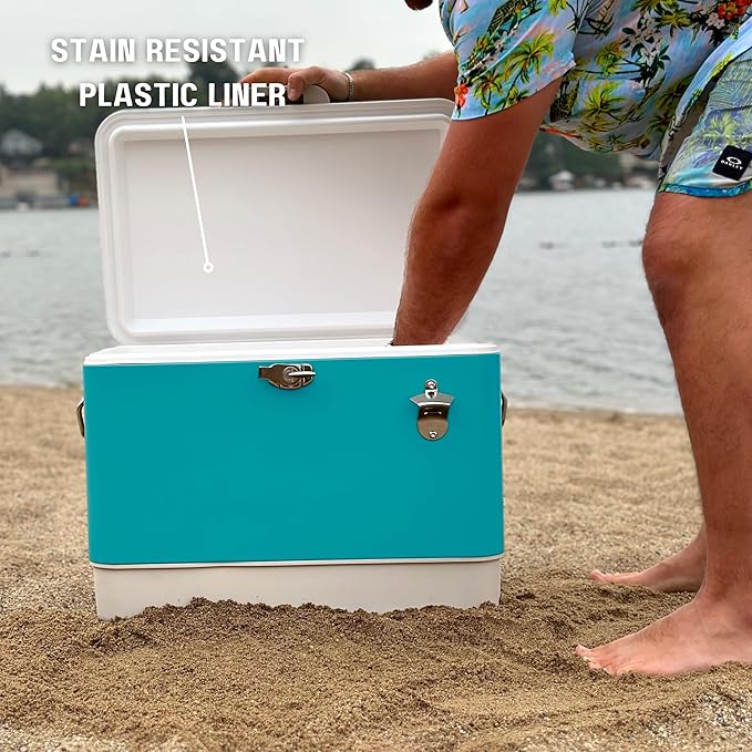 FSE Retro Metal Cooler, 80 Can/54 Qt. Capacity, Hard-Sided, Two Tone, Holds Up to 80 Beverage Cans, Metal Construction with Plastic Lining