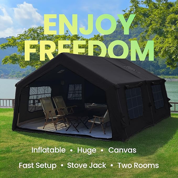 Coody | Rbm Outdoors Koala/Hub/Octopus Inflatable Tents for Camping with Stove Jack, 2/8/10 Person Luxury Canvas Blow Up Tent, 2 Room, Easy Setup Casa de Campaña, Large Inflatable House with Pump