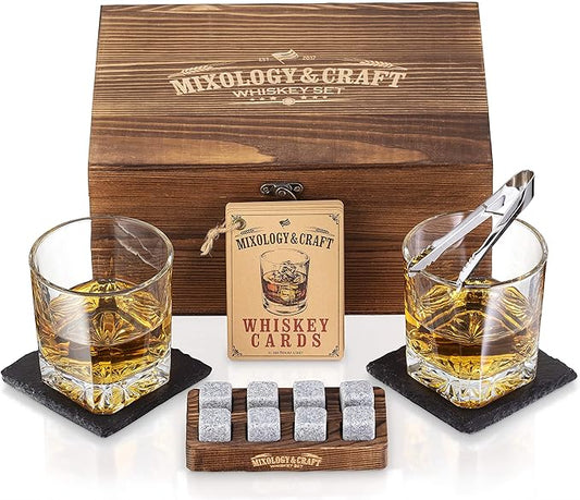Mixology & Craft Whiskey Stones Gift Set, Two 10oz Crystal Whiskey Glasses, 8 Granite Chilling Rocks, 2 Slate Coasters, Metal Tong & Cocktail Recipe Cards in Wooden Box - Square Glass Shape