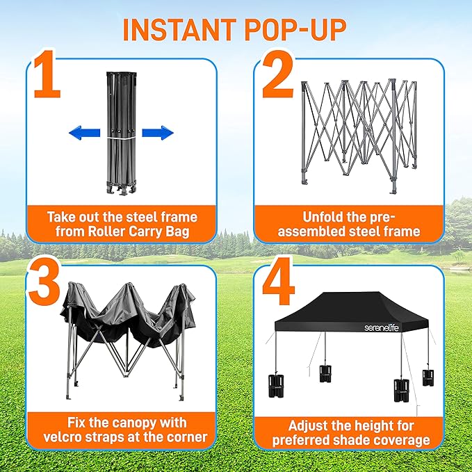 Pop Up Canopy Tent 10x15 - Commercial Instant Shelter Foldable/Collapsible Sun Shade Canopy Pop Up Tent w/Waterproof UV Resistant Tent Top, Portable Carry Bag & Sand Bag - SereneLife SLGZ15BL (Black)