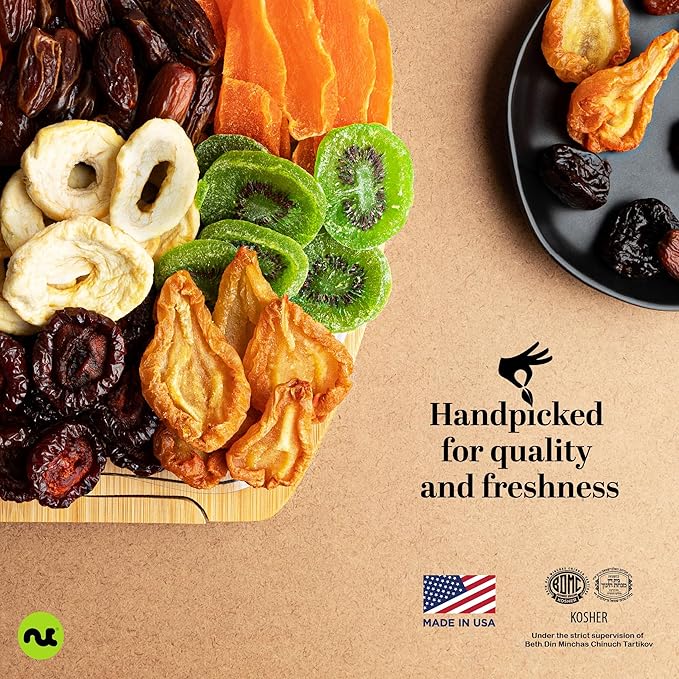 NUT CRAVINGS - Diwali Sweets Hamper Rosh Hashana & Shana Tova Dried Fruit Flower Arrangement in Wooden Apple-Shaped Gift Basket + Tray (9 Assortment) Healthy Snack Care Package, Food Assortments