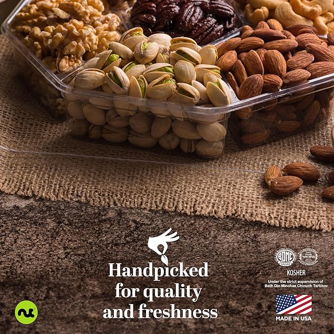 NUT CRAVINGS - Diwali Sweets Hamper Mixed Nuts Gift Basket + Green Ribbon (7 Assortments, 2.2 LB) Food Arrangement, Healthy Snack Care Package, Food Assortments