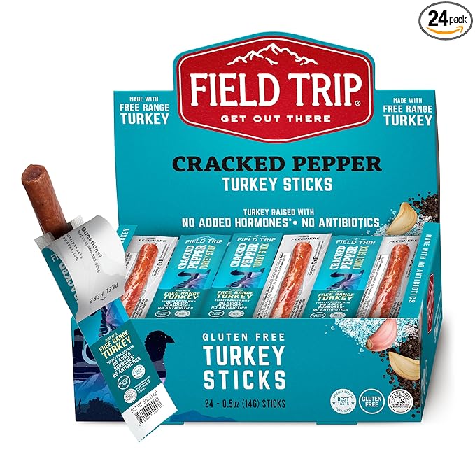 Field Trip Free Range Cracked Pepper Turkey Jerky Sticks, Keto, Paleo, Gluten Free, Allergy Friendly Snack, High Protein, 35 Calorie, 0.5oz, 24 Pack