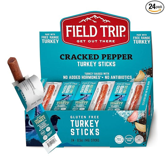 Field Trip Free Range Cracked Pepper Turkey Jerky Sticks, Keto, Paleo, Gluten Free, Allergy Friendly Snack, High Protein, 35 Calorie, 0.5oz, 24 Pack