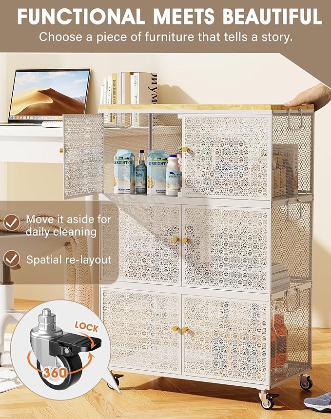 3 Tier Metal Storage Bins and Boxes Organizer, Magnetic Doors & 360°Swivel Lockable Wheels, Easy,labor-Saving, Ocean Life Cutout Pattern, Eco-Aesthetic for Living Room,Bedroom,bathroom,kitchen