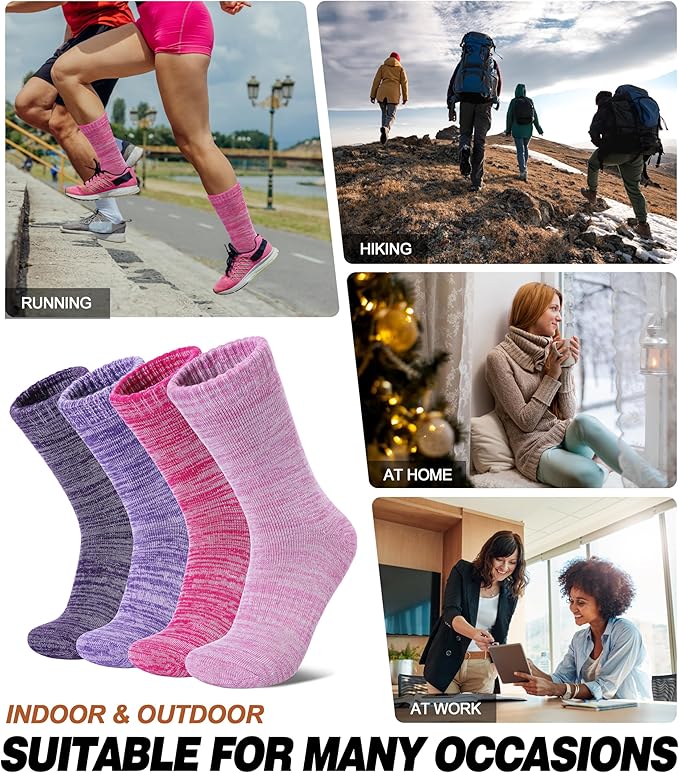 LANLEO Merino Wool Hiking Socks for Women Men Thermal Extra Thick Winter Warm Comfy Cushioning Crew Boot Socks 4 Pairs