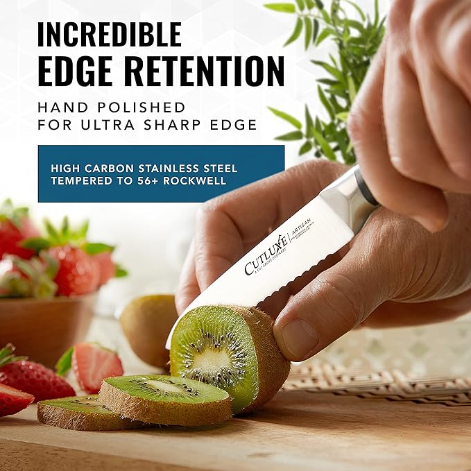 Cutluxe Kitchen Utility Knife – 5" Serrated Ultra Sharp Blade, Ergonomic Handle, Full Tang – Forged High Carbon German Steel – Artisan Series