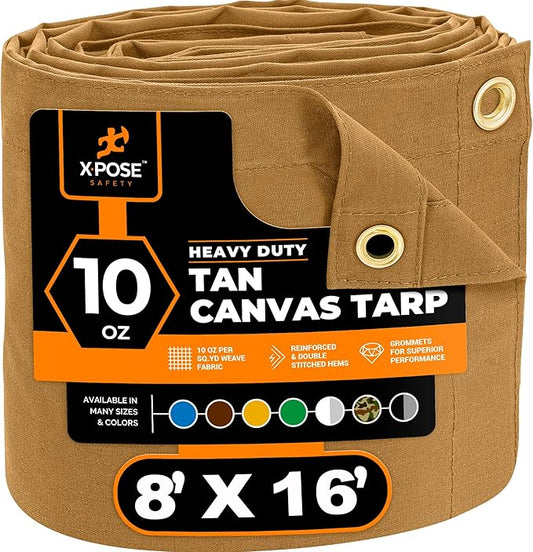 Xpose Safety Canvas Tarp - 10oz Tan Canvas Tarps Heavy Duty Water Resistant with Brass Grommets- Multipurpose Outdoor Tarpaulin for Camping, Canopy, Trailer, Equipment Cover 8' x 16'