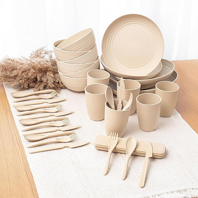 FOODLE Wheat Straw Dinnerware Set - BPA Free & Safety Certified - Unbreakable, Microwave & Dishwasher Safe Dishes - Picnic, Dorm, RV, Camping Plates Cups and Bowls - Great for Kids & Adults - For 6