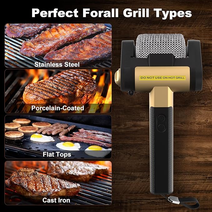Electric Grill Cleaner Bristle Free – Cordless, Rechargeable BBQ Grill Brush with 350 RPM Stainless Roller, LED Light, Dishwasher-Safe for Gas/Charcoal Grills